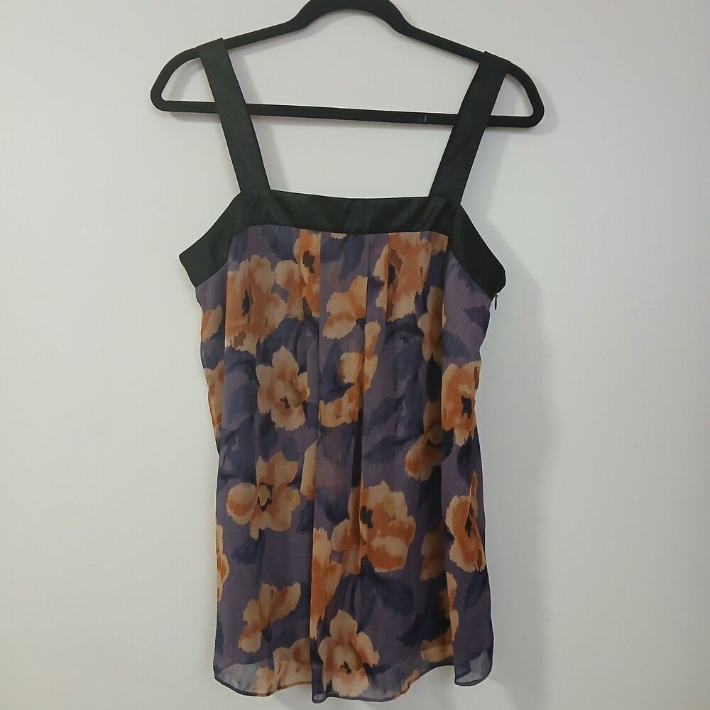 Daisy Fuente Purple Floral Pattern Black Trim Lined Sleeveless Blouse Top Medium